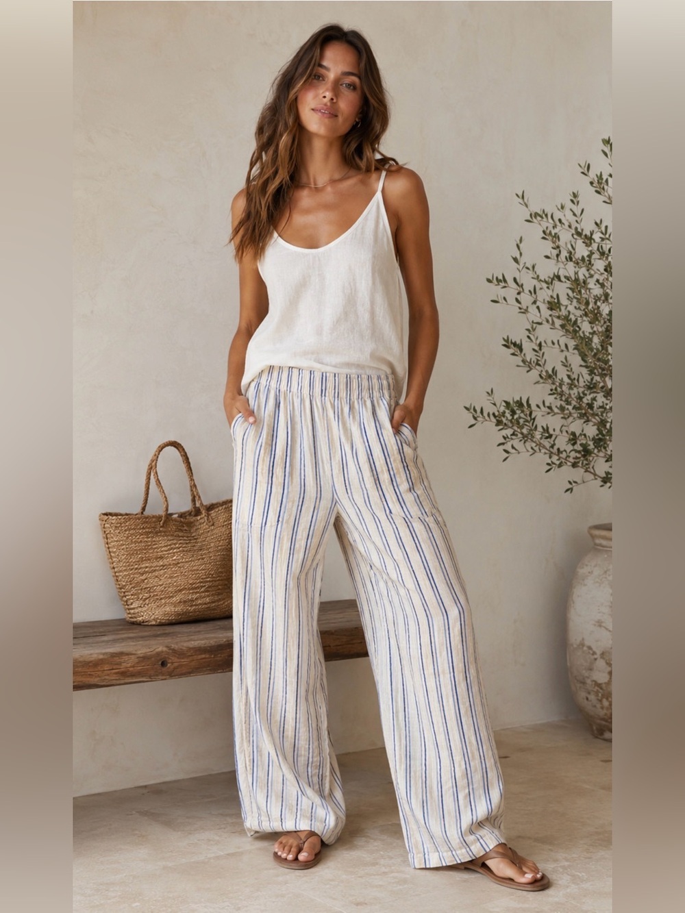 Pact Wide Leg Linen Pants in Cream with Blue Stripes